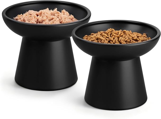 vancasso Elevated Cat Food Bowls 2-Pack, 6.2" Wide Shallow Cat Feeding Bowl for Whisker Fatigue, 5.1" Height Ceramic Raised Food Bowls for Senior Cats, Anti Vomit, Black