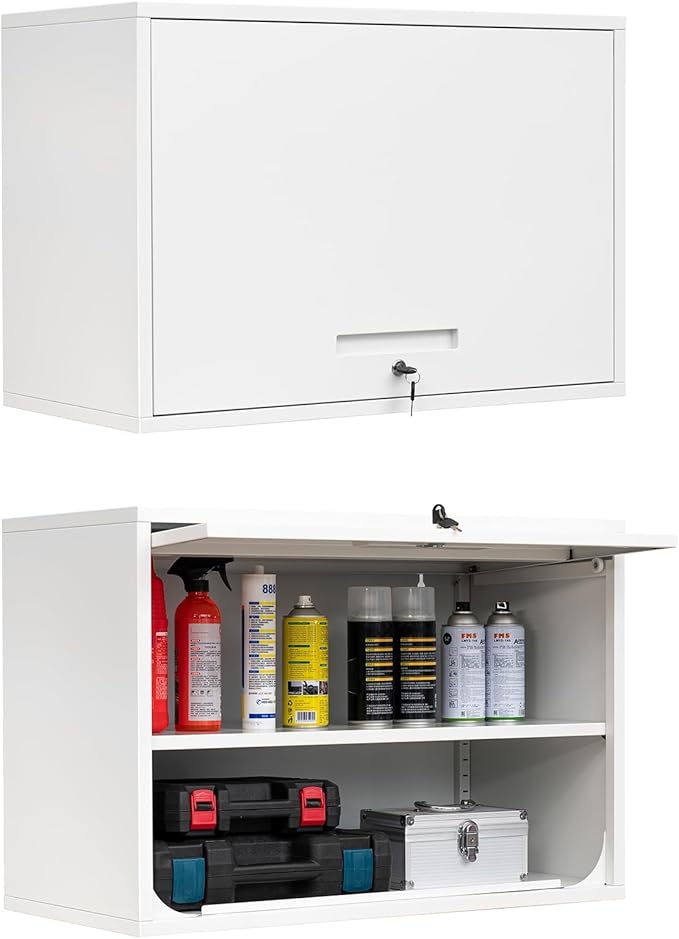 Metal Wall Cabinet with Locking Door and Shelf, Hanging Garage Cabinets with Up-Flip Doors for Garage, Warehouse, Home, Office, Assembly Required (White, One Cabinet)