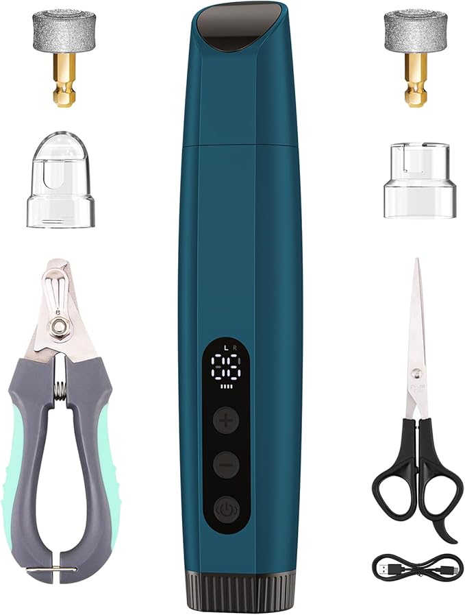 ATESON Dog Nail Grinder with LED Light, 6-Speed Quiet Electric Pet Nail Trimmers, Forward/Reverse, Powerful No-Stall Motor, 2000mAh Battery 8H Runtime, 95% Dust Capture for Dogs & Cats