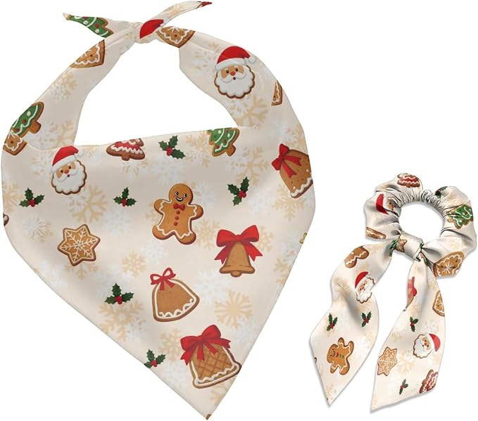 COEQINE Christmas Dog Bandanas Cute Gingerbread Beige Xmas Decor Dog Apparel & Accessories Pet and Owner Matching Outfits with Elastic Hair Tie Organizer Set 2 Pcs for Holiday Costum
