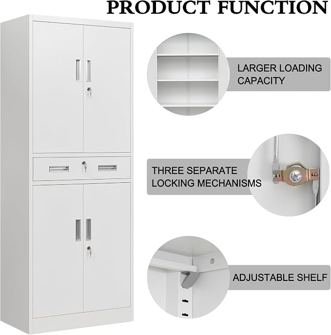 CJF 71" H Tall Metal Storage Cabinet with Drawer, Locking Garage Cabinet with 2 Adjustable Shelves, Heavy-Duty Tool File Storage Cabinets for Home Office, Kitchen, Warehouse, Shop (White)