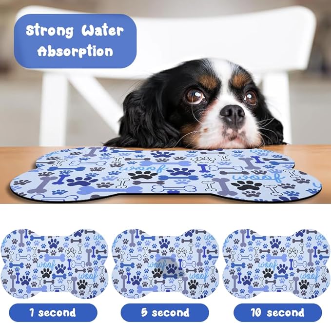 Dog Food Mats for Floors Waterproof, Pet Feeding Absorbent Water Bowl Mat Cat Placemats Blue Bone Shape 25.5 * 17 inch
