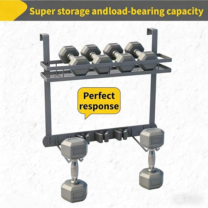 Over Door Tool Organizer, Heavy Duty Utility Rack with 3 Slots, 2 Hooks and 1 Basket, Power Tool & Garden Tool Storage for Garage, Workshop, Warehouse, Fits Brooms and Mops - Grey