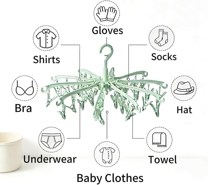 Clothes Sock Drying Hanger with 40 Clips,Foldable Hanging Rack | for Drying Socks Lingerie Baby Clothes Drying Towels Rotatable Sock Drying Rack with 40 Pegs Clips(Green)