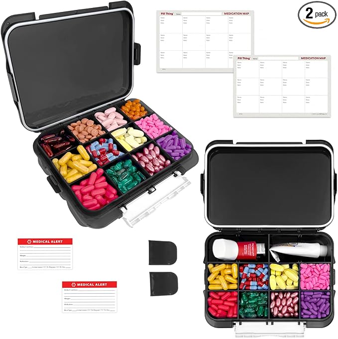 12-Compartment Weekly Pill Box Case with Removable Dividers, Waterproof, Travel-Friendly, with Medication Map and Medical Alert Cards (Black, 2 Pack)