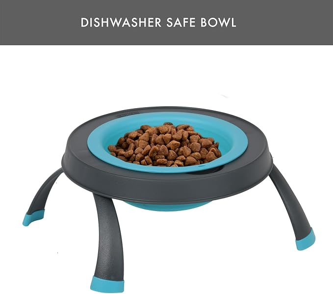 Dexas Pets Elevated Pet Feeder, Large, 4 Cup Capacity, Blue, Raised Pet Food and Water Bowl