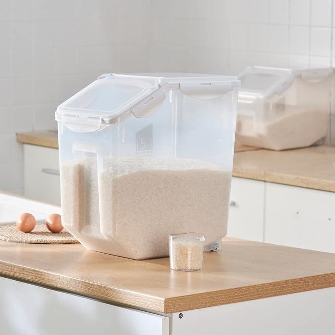 15 Liter / 30 lbs Rice Storage Container with Measuring Cup, BPA free, For Rice | Grain | Pet Food | Flour, 1 count, Clear