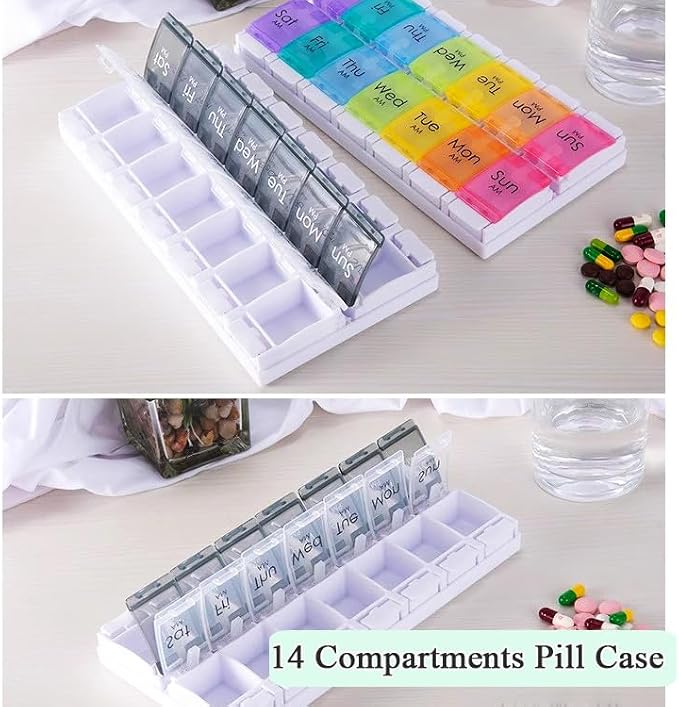 7-Day Portable Weekly Pill Case Daily Vitamin Medicine Box Planner | Travel Vitamin Organizer Dispenser, AM/PM, Large 14 Compartment Capsule Fish Oil Tablet Container, Black and Transparent Lids