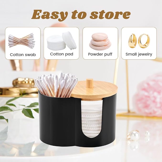 Qtip Holder Dispenser, Dual Compartment Cotton Swab Organizer | Black Dual Compartment Organizer With Dustproof Lid For Cotton Swabs And Pads, Helping Keep Bathroom Countertops Neat.