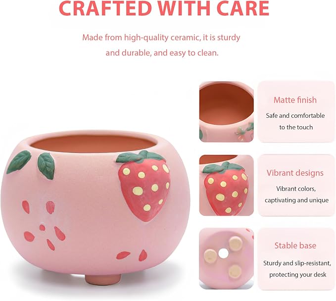Ceramic Strawberry Shaped Pen Pencil Holder for Desk Decoration Accessories Strawberry Decor Makeup Brush Pen Cups Succulent Plant Pot Office School Ideal Gifts for Women, Mom or Birthdays (red)