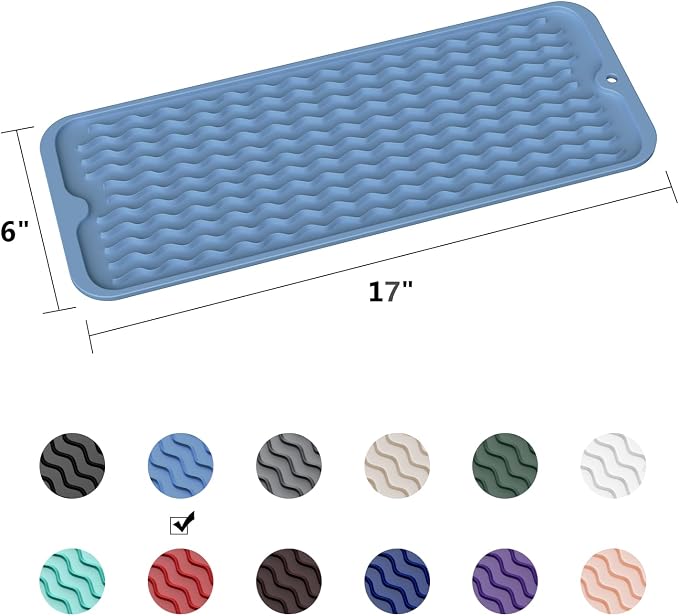 ZLR Small Dish Drying Mat for Kitchen Counter, 6"x17", Lichen Blue | Narrow Silicone Drainer for Apartment, Dorm & RV, Wavy Ridges Quick-Dry, Non-Slip, Rolls Up, Dishwasher Safe