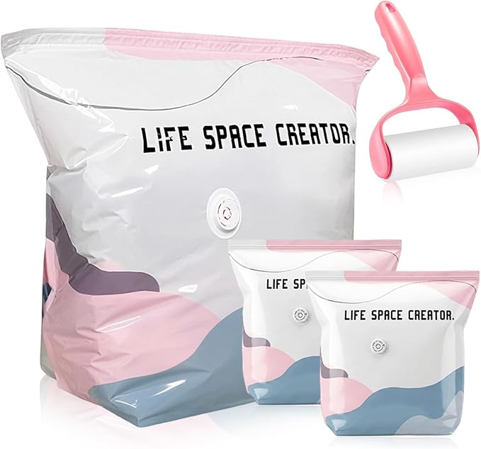No‑pump Vacuum Storage Bags - 3-Sec Fast Compression, Heavy-Duty Travel Vacuum Bags Without Pump, Reusable Large Cube Vacuum Seal Bags, Press & Seal, Keeps Clothes Dry & Dust‑Free (M,2PCS)