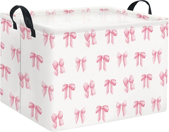 Rectangular Valentines Basket Fabric Storage Bin Storage Boxes Collapsible Storage Basket for Clothes Books Shelves Basket(Pink Bowknot)