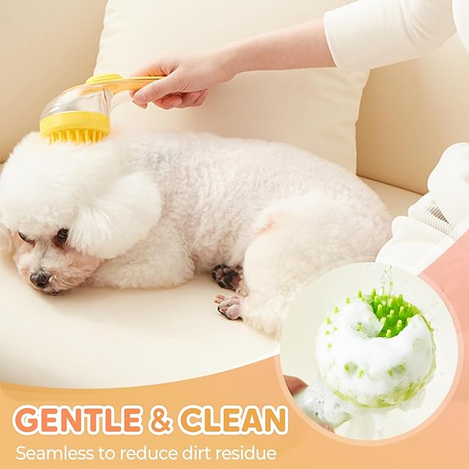 Pet Bath Brush, 2025 New 2 in 1 Dog Bath Brush with Built-in Shampoo Dispenser, Pet Wash Brush for Bathing Dog Grooming Massage Brush for Long Short Haired Dogs Cats Shower (Yellow, Coarse teeth)