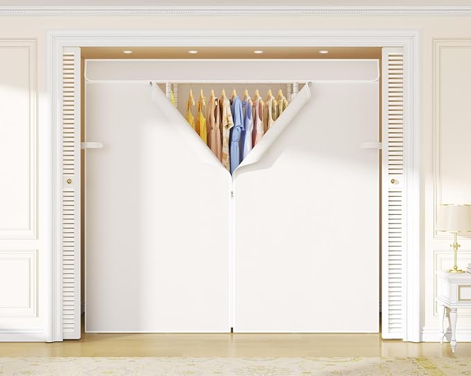 E3C White Clothes Rack with Beige Cover, Heavy Duty Garment Rack | Freestanding Metal Closet System Storage Organizer for Clothing, Clothing Rack Holds up to 850 lbs, 59.5"W x 16.5"D x 77.4"H