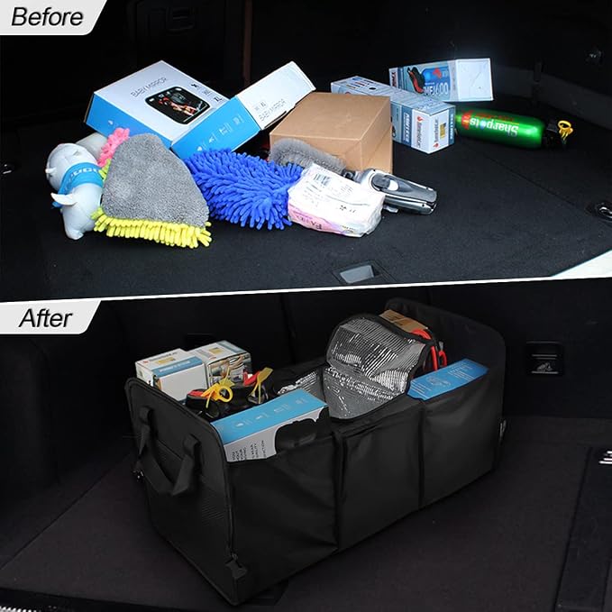 8sanlione Car Trunk Organizer, 3 Compartments, Insulated Section, Black | For sedans, SUVs, vans, woven fabric shell, side grips, light-item sorting, wipe-clean care, automotive interior accessories
