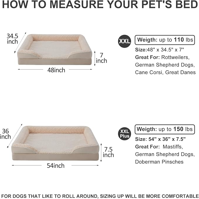 WNPETHOME Orthopedic Washable XXL Dog Bed for Senior Dog Cozy Sleep | Extra Large Waterproof Big Soft Dog Couch Sofa Bed for Dogs Relax with Removable Cover Supportive Pet Bed Beige 48x35 Inch