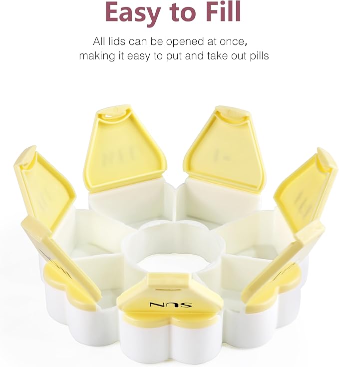 MOLN HYMY Large Weekly Pill Box 7 Day, Pill Case Organizer, Flower Pill Container Once Daily, Round Medicine Dispenser for Vitamin/Fish Oil/Medication/Supplement (Yellow)
