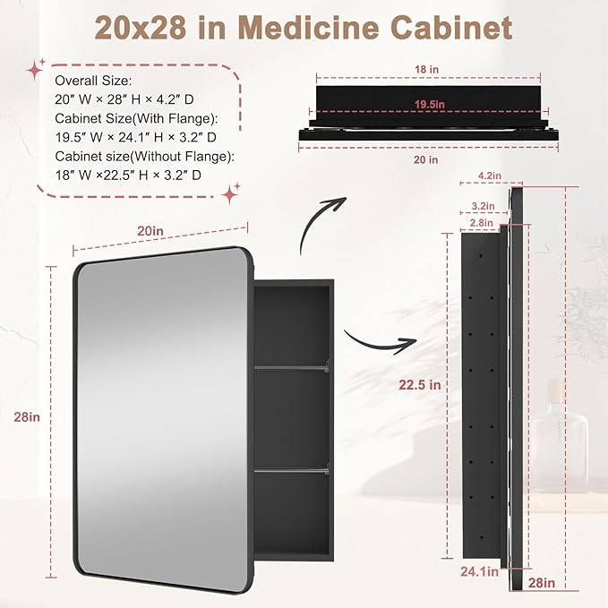 20x28 in Bathroom Medicine Cabinet with Mirror, Matte Black | Fully Assembled; Recessed or Surface Wall Mount; Metal Cabinet with Tempered Glass Mirror and Two Adjustable Glass Shelves