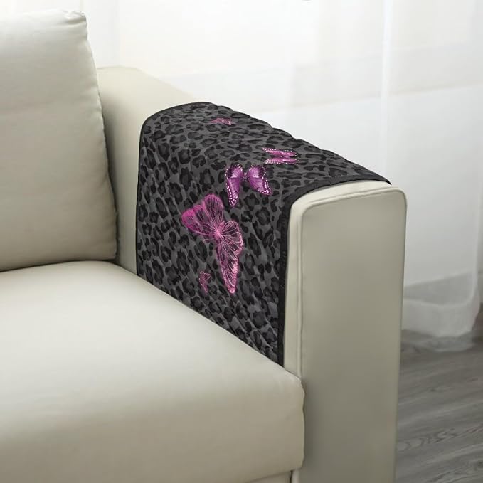 Leopard Butterfly Stretch Armrest Covers Couch Arm Cover Non-Slip Arm Rest Covers with 2 Pockets Armchair Slipcovers for Recliner Furniture Protector Home Decor