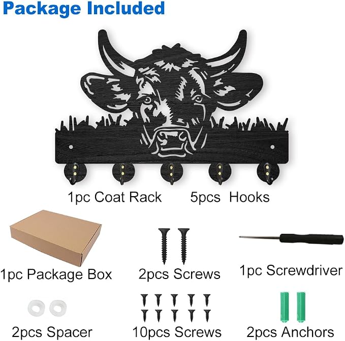 MAYJOYDIY Cow Coat Rack Wall Mount 11.8×7.9inch Wood Farm Animal Wall Art Decor Bull's Head Key Holder for Wall 5 Alloy Hooks Black Key Hanger Hat Towel Wall Hook for Entryway Living Room Bedroom Gift