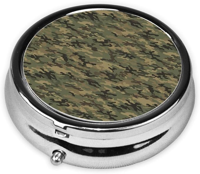 Portable Pill Box, Cute Round Container, Mini Organizer for Daily Meds, Purse Pocket Case for Commute Scenarios, Military Camouflage