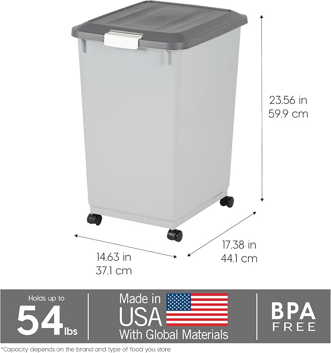 IRIS USA Dog Food Storage Container, 2-Pack, Up to 54 lbs, Gray/Dark Gray | Made in the USA, Comes w/ Wheels & 2-Cup Scoop, Airtight Seal, BPA-Free, Bird Seed, Cat food, Cat Litter, Multi-Pet Household