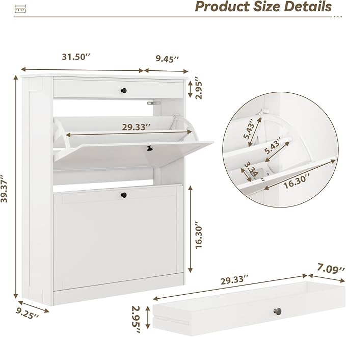 FTZxHKLX Shoe Cabinet, Hidden Shoe Storage Cabinet with 2 Flip Drawers | Wooden Shoe Rack with Adjustable Shelf, Modern Freestanding Shoe Rack Organizer for Entryway, Hallway, Living Room, White