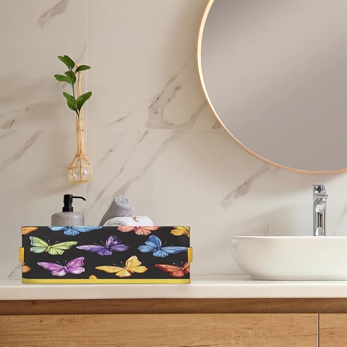 Colorful Butterflies Bathroom Storage Basket Waterproof Foldable Storage Bins with Handles Decorative Toilet Paper Storage Basket for Organizing for House Bathroom Toiletries