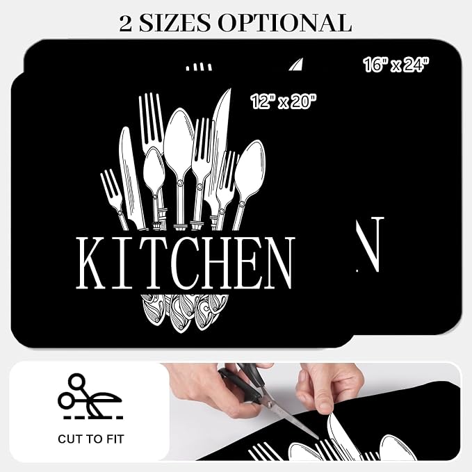 Dish Drying Mat For Kitchen Counter, 12"X20" Absorbent Coffee Bar Mat With Black Knife Fork Spoon Pattern Dish Drainer Rack Mat For Kitchen Counter (black, 12"X20")