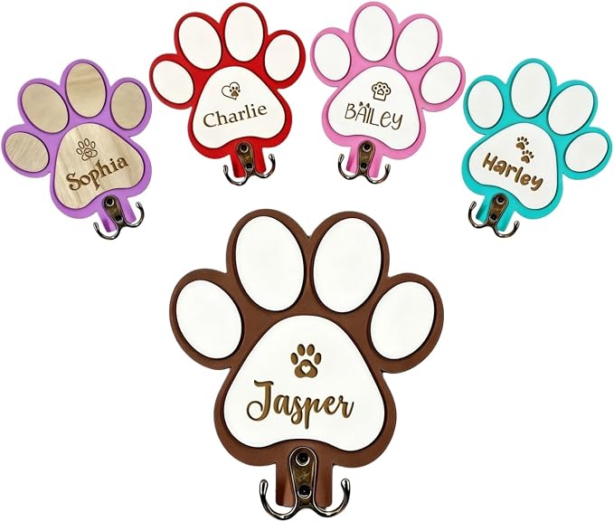 Personalized Dog Leash Holder Wall Mount, Custom Engraved Wood Paw Hanger, Entryway Key Rack Collar Harness Organizer Hook Gift for Pet Lovers(Coffee)