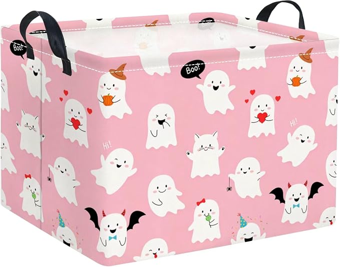 Halloween Basket Cute Baskets for Kids Pumpkin Basket Rectangular Storage Bin Organizer Box Room Decor(Pink Ghosts)