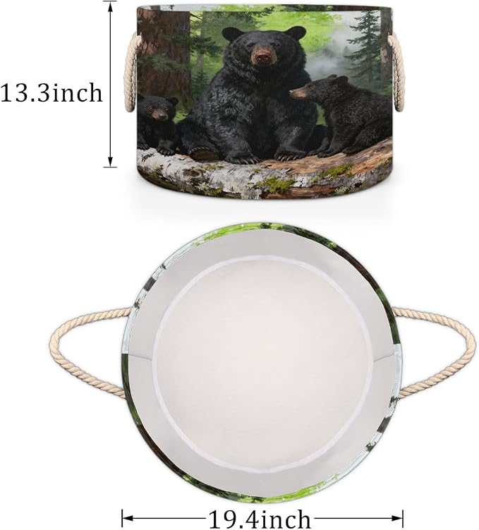 Large Storage Baskets - Black Bear Family Nursery Organizer Bin Box with Handles Collapsible Round Laundry Hamper for Kids Toys Pet Blanket, Bedroom Living Room Home Decor Gift Basket