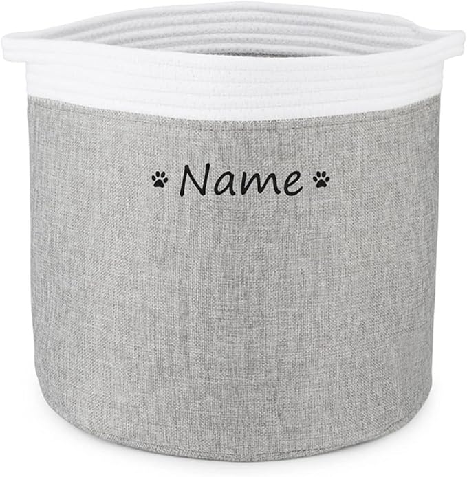 Personalized Dog Toy Storage Basket Bin Collapsible Customized Pet's Name Round Storage, Organizer for Dog Toys、Clothing、Apparel & Accessories with Box (Paw White Gray)