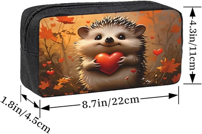 Hedgehog Heart Autumn Large Pencil Case, Durable Pen Bag Zipper Organizer Pouch for Office Travel for Women Men