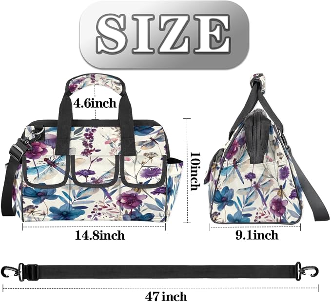 Dragonflies Flower Heavy Duty Tool Bag 14.8 Inch Dragonfly Floral Portable Soft Tool Box Organizer Storage with Adjustable Shoulder Strap