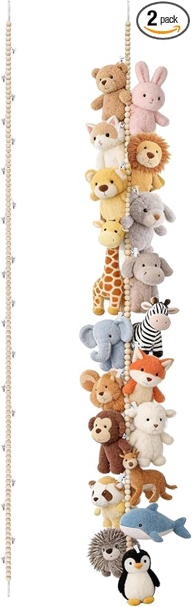 Mkono 2 Pack Hanging Stuffed Animal Storage Hanger Nursery Wall Decor Boho Wood Beads Plushies Holder Display with 40 Clips Hanging Baby Hat Socks Photo Artwork for Kids Room Playroom Bedroom, 76”