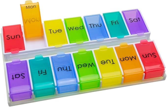 Ezy Dose Weekly (14-Day) Pill Organizer, Large Medicine Planner, Rainbow | Daily Vitamin & Supplement Case, Removable Trays with Flip-Open Daily Compartments for Easy Refill, Travel-Friendly, BPA-Free