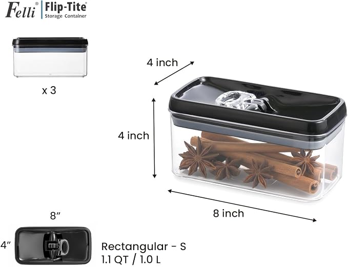 Felli Flip Tite Food Storage Container with Lid 4” RECTANGLE Airtight Ring Flip Lock Top, Stackable Acrylic Canister Set for Kitchen Fridge Pantry Organizer,(1.1 qt)