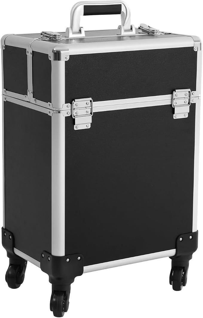 Rolling Makeup Train Case, Aluminum Cosmetic Case Rolling Makeup Trolley Case with Key, Large Storage Cosmetic Trolley 4 Tray with Sliding Rail, Salon Barber Case Traveling Cart Trunk