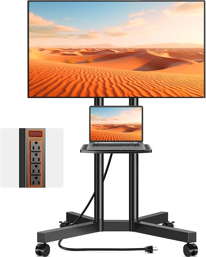 Rolling TV Stand with Power Outlet for 32-75 Inch TVs up to 88 lbs | Portable TV Stand on Wheels and Height Adjustment, Outdoor TV Stand with Shelf for Bedroom, Office, Max VESA 400x400mm