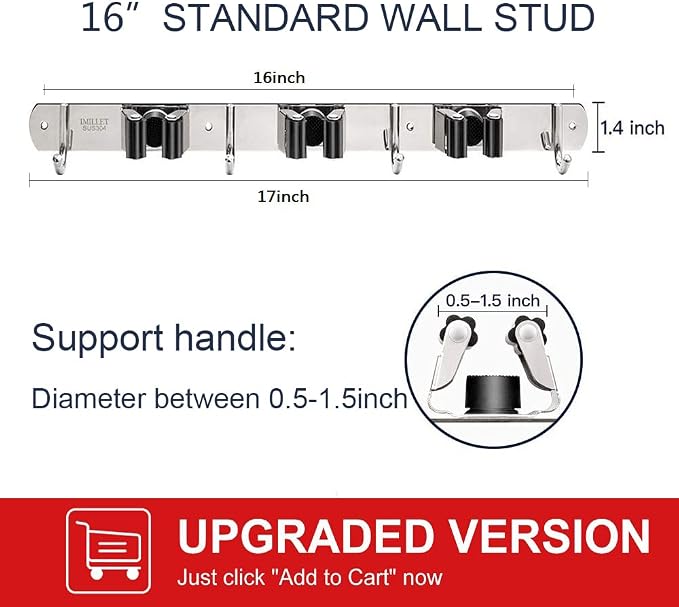 IMILLET Broom Holder Wall Mount Stainless Steel Mop Organizer | 3 Racks 4 Hooks Heavy Duty Garage Organization Storage,Broom and Mop Organizer Wall Hanging Self Adhesive for Laundry Room