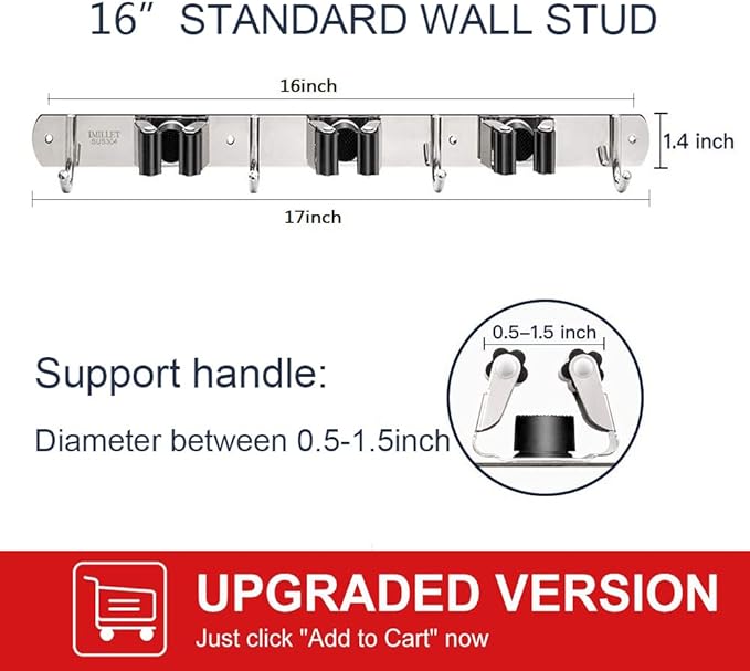 IMILLET 2 Pack Broom Holder Wall Mount Stainless Steel Mop Organizer | 3 Racks 4 Hooks Heavy Duty Garage Organization Storage,Broom and Mop Organizer Wall Hanging Self Adhesive for Laundry Room