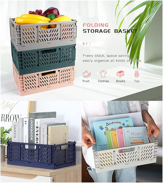 Plastic Collapsible Crate Folding Storage Basket with Handle for Shelves Home Kitchen Classroom and Office Vanity Bathroom Organization Drawer Clapboard Partition (Gray-2pack)