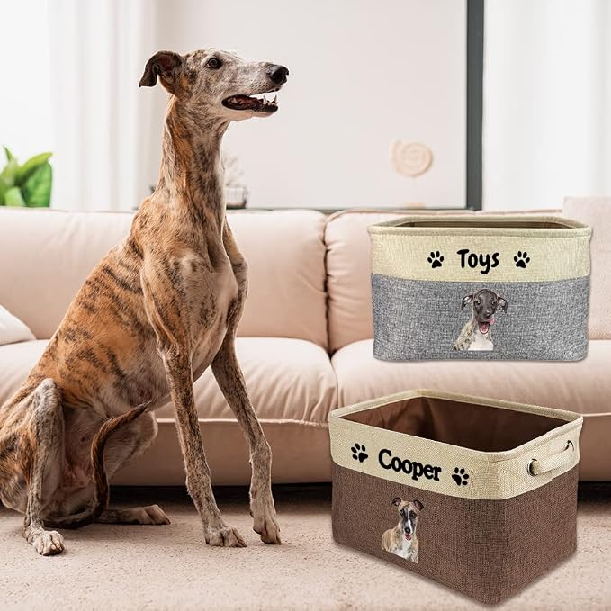 Custom Dog Basket for Toys Collapsible Storage Bin Grey Brow Pink Purple Blue Rectangular Pet Storage Organizer Box with Handles Medium Customized Name & Real Dog Breed