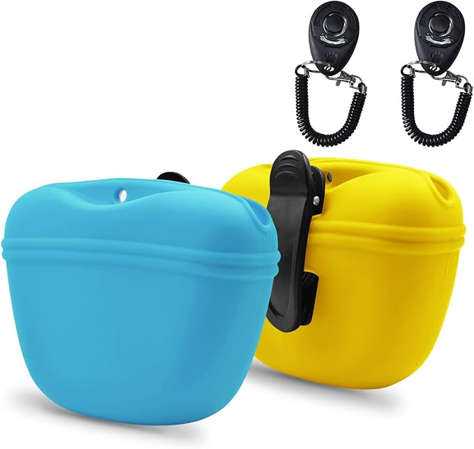 AUDWUD Silicone Dog Treat Pouch with Clicker Magnetic Closure Secure Clip | Upgraded clip keeps your treat pouch secure during training.Magnetic closure allows fast one hand access.Includes dog click