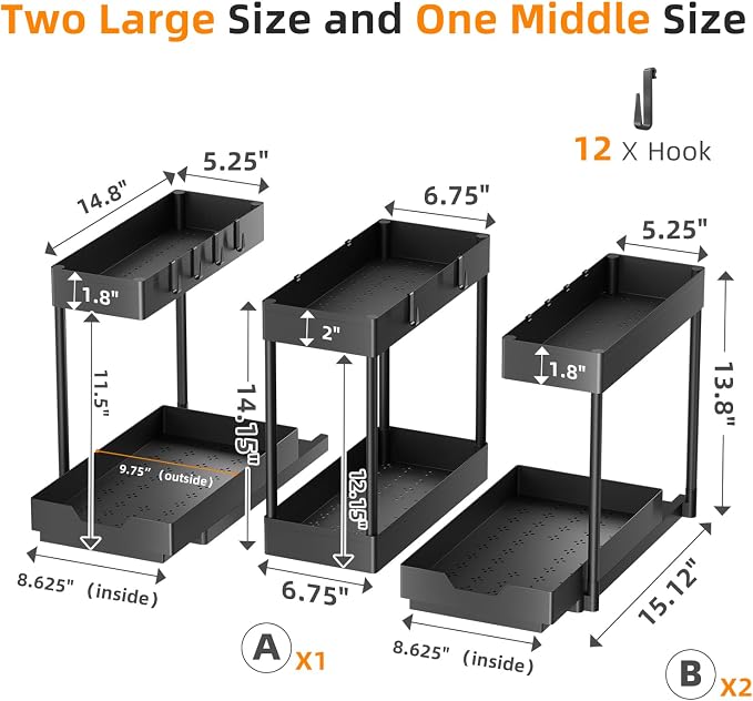 Simple Trending Under Sink Organizer 3 Pack 2-Tier Pull-Out Storage Cabinet | Multi-Use Sink Sliding Under Shelf Organizer with Hooks, for Kitchen Bathroom, Space Saving, Easy Assembly, Black