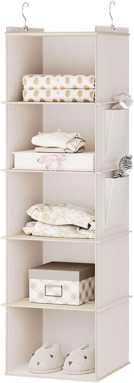 YOUDENOVA Hanging Closet Organizer and Storage for Clothes, 5-Shelf, Beige | Locker/RV/Camper Organizer, 2 Side Pockets, Hanging Shelves for Small Closet, Dorm Room Essentials for Guys, Non-woven Fabric
