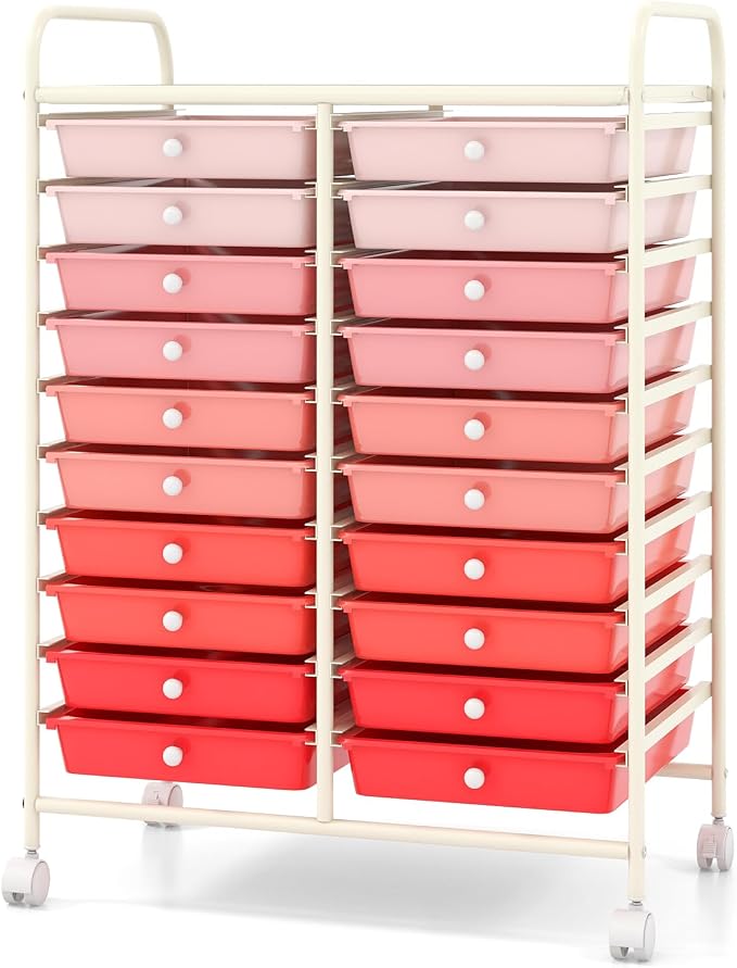 20 Drawer Rolling Storage Cart, Art Cart Organizer with Wheels for Makeup, Tool, Paper, Multipurpose Craft Storage Cart with Drawers for Office, Home, Classroom, School (Gradient Pink)