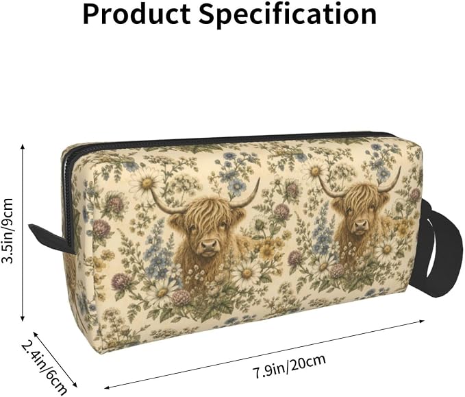Highland Cow Wildflower Meadow Small Makeup Bag for Women | Double-Sided Highland Cow Floral Cosmetic Organizer with Foam Padding for Women, Travel, Gym, School, and Daily Storage